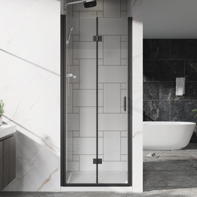32" - 33.2" Adjustable Width Glass Shower Door, 6mm Tempered Clear Glass, Black Finish, Reversible Installation, 180° Pivot System, Heavy Duty Zinc Alloy Handle, Space Saving Design 32"x 72" 1/4 Inch