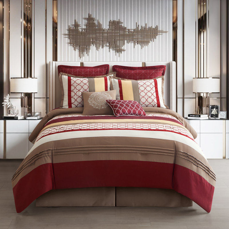 Queen Red and Taupe Microfiber 8-Piece Comforter Set