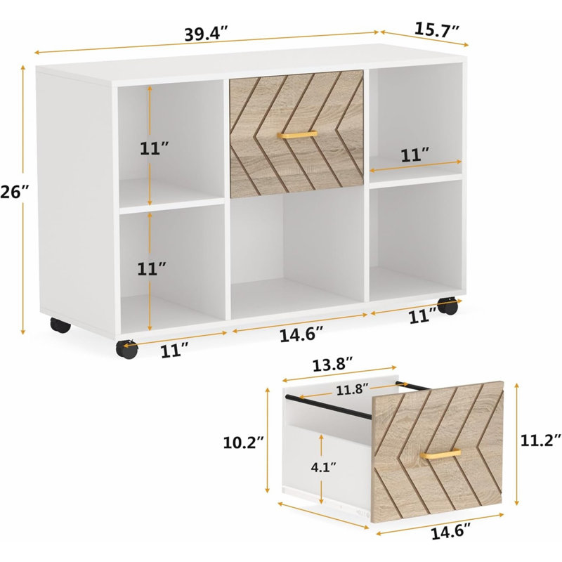 Classeur mobile avec 2 tiroirs et tablettes de rangement, classeur roulant pour le bureau personnel