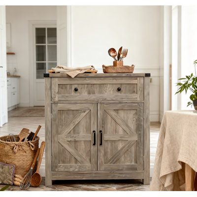 Light Gray-washed Wood Farmhouse Barn-door Storage Cabinet, Coffee Bar Buffet Sideboard With Drawer For Kitchen Living Room
