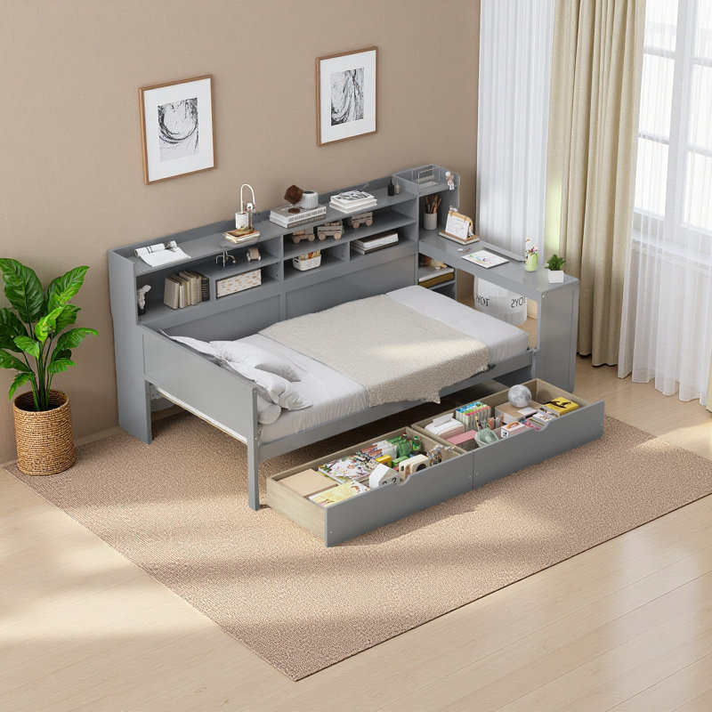 Lit de jour en bois avec tablettes de rangement, Double