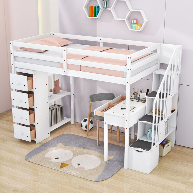 Lit mezzanine simple avec bureau intégré, tablettes, escaliers de rangement et tiroirs multiples, Blanc