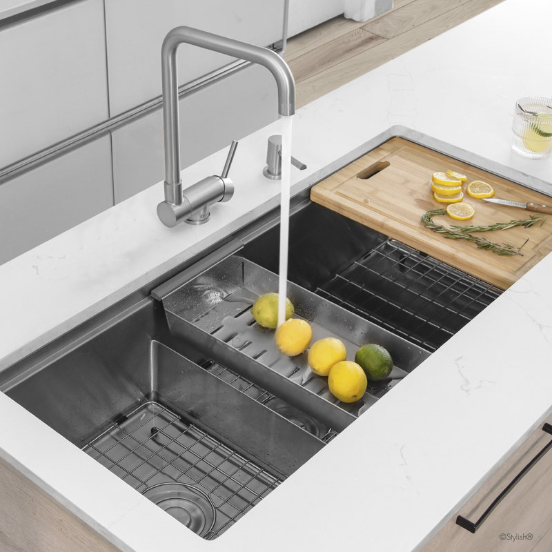 Robinet de cuisine à poignée simple rétractable, Acier inoxydable brossé