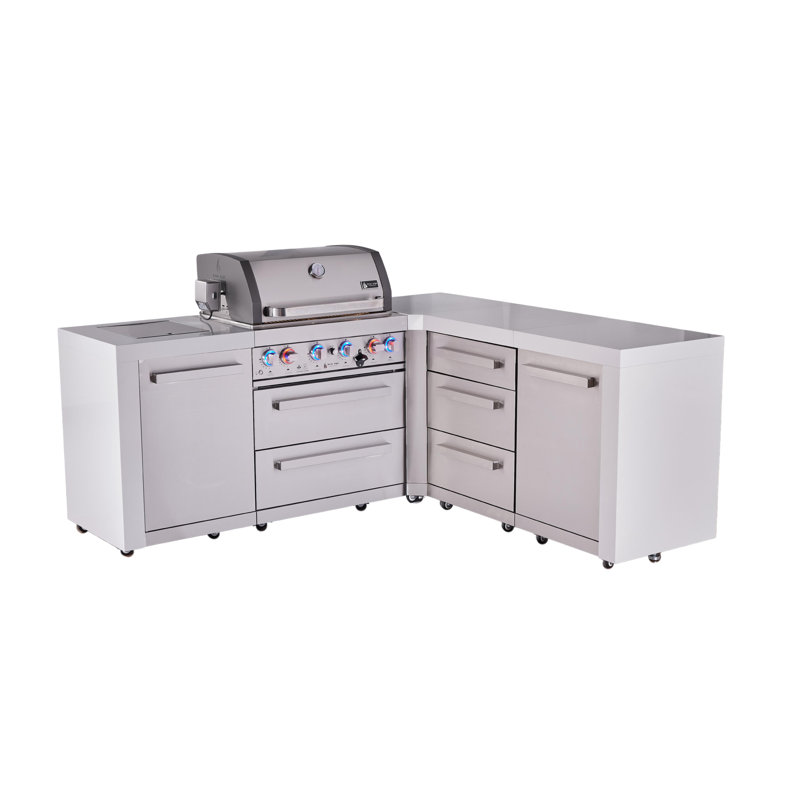 Mont Alpi Premium 4-burner 82"x75" L-shaped 400 Deluxe Stainless Steel Island Modular Outdoor Kitchen Island Bbq Gas Grill + Infrared Side Burner + Granite Countertops + Storage Drawers & Cabinets