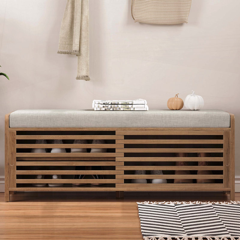 Banc de rangement patiné avec coussin et porte coulissante