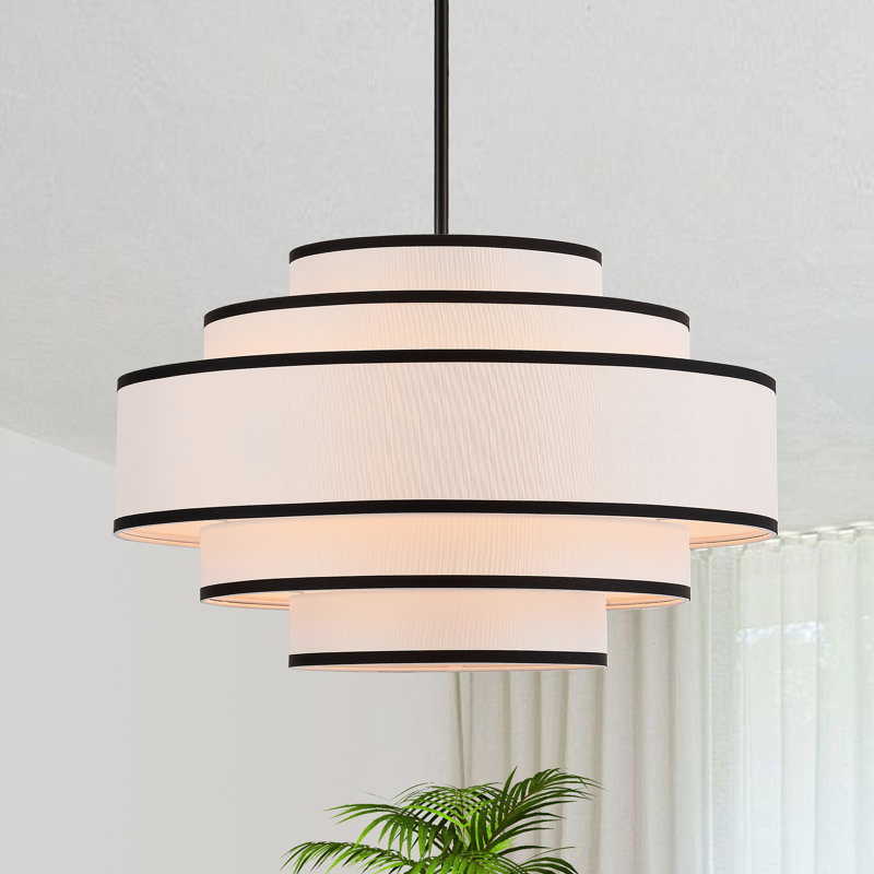 Lustre tambour 4 lumières en lin moderne, 6 niveaux, Noir mat, Quatre lumières
