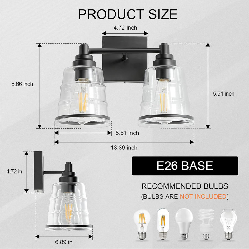 Luminaire de meuble-lavabo moderne à 2 lumières avec abat-jour en verre transparent, applique murale en métal noir pour éclairage en miroir, ampoules à culot exclu E26