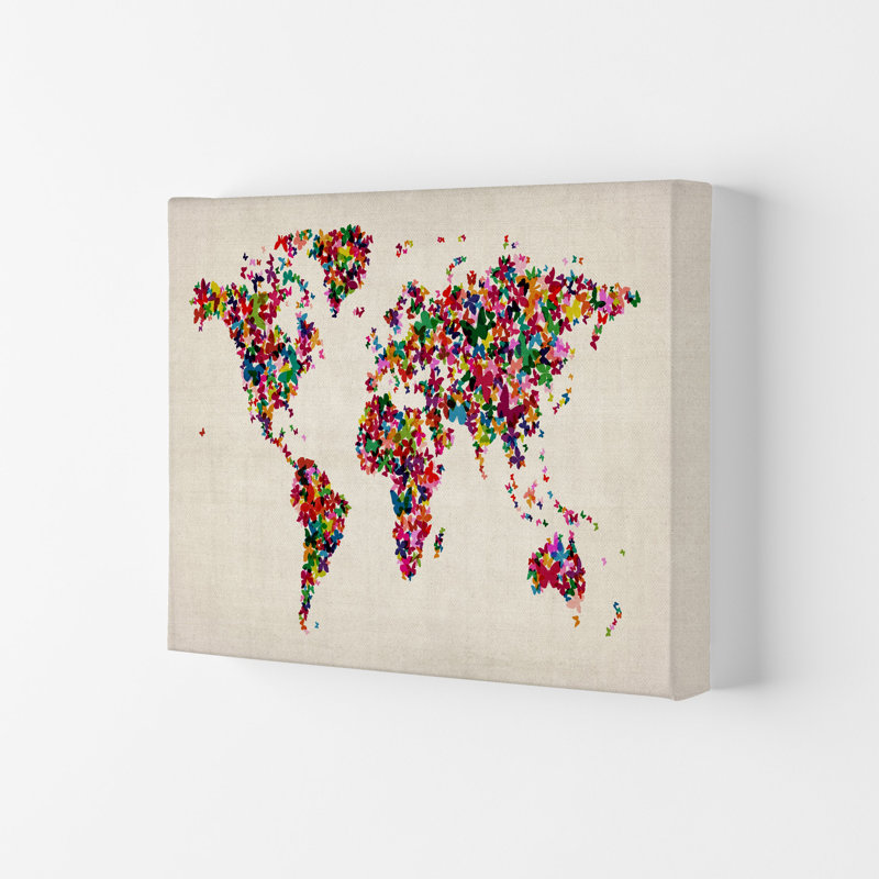 Butterfly Map Of The World by Michael Tompsett - Print, 59.4cm H x 84cm W x 4cm D, Wrapped Canvas