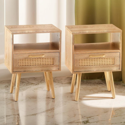 Table de chevet moderne en rotin avec pieds en bois massif (ensemble de 2)