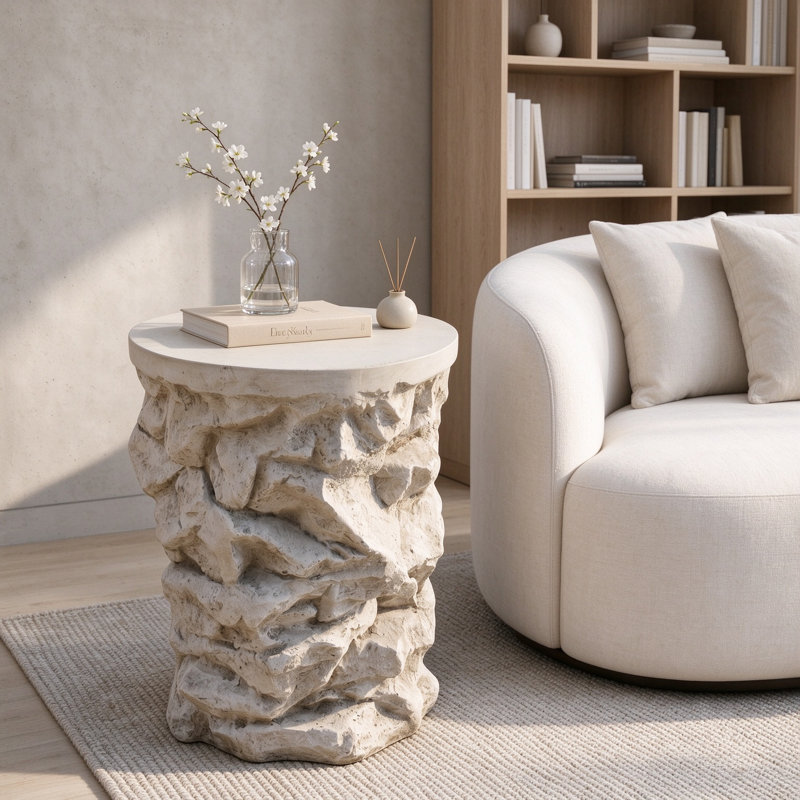 Table d'appoint ronde beige en imitation pierre empilée MGO, table d'appoint préassemblée, tabouret rustique en pierre pour l'intérieur et l'extérieur, idéal pour terrasse, balcon et salon.