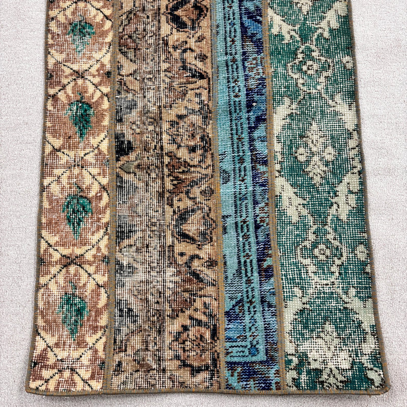 25.2x52 Inch Green Wool Patchwork Rug, Small Patchwork Rug