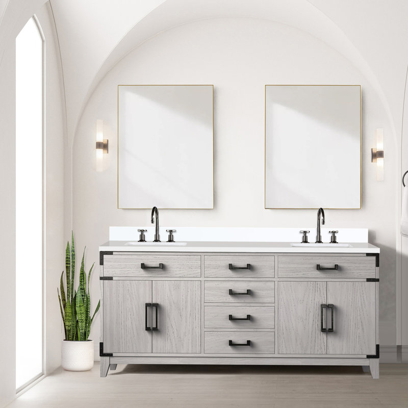 Meuble-lavabo double 72 po x 22 po, chêne blanc, comptoir en quartz, espace intérieur 72 po Coiffeuse en chêne avec plateau et deux tiroirs, fermeture en douceur