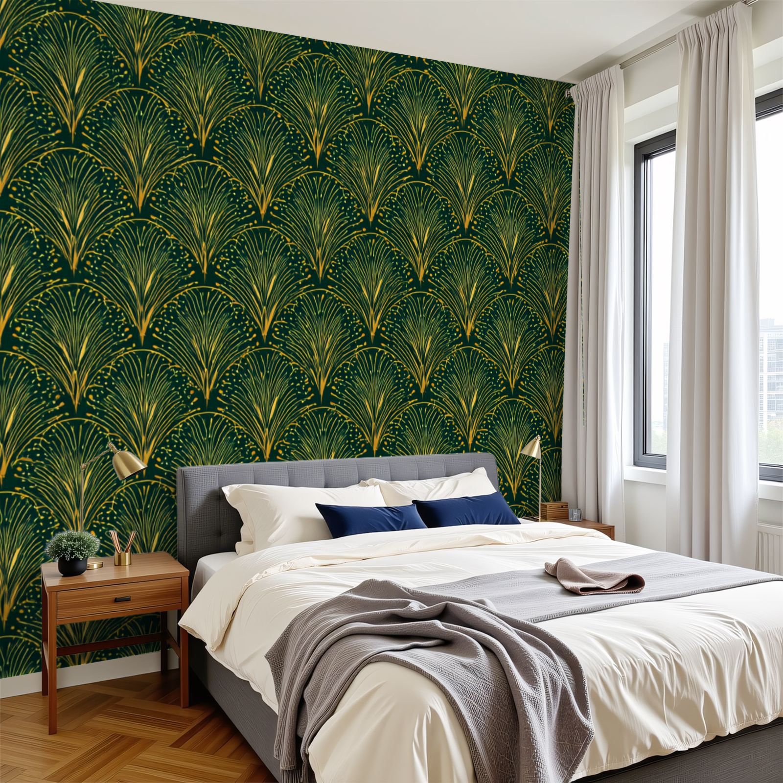 Red Barrel Studio® Peel and Stick Wallpaper Green Art Deco Golden Fan ...