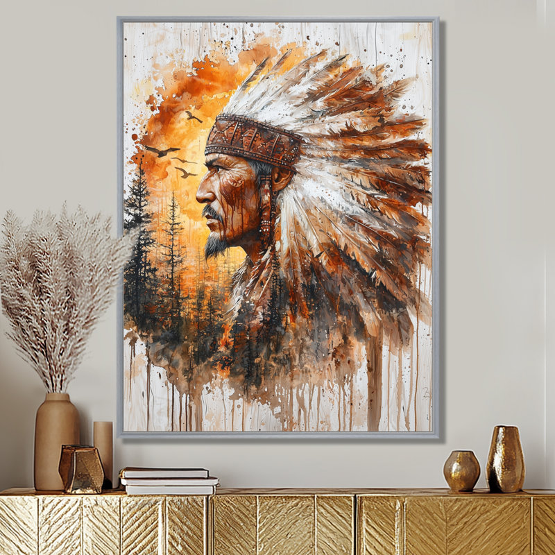 «Hartness Native American Warrior Energy Of Forest II» - art mural Warrior amérindien, H 32 po x l 24 po, Argent argent