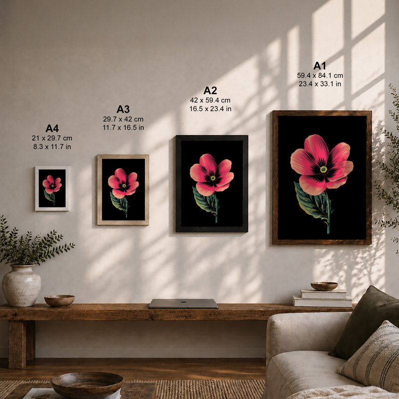 Pink Cosmos Study Botanical - Framed Print, Walnut, A4 - 29.7 x 21.0 cm