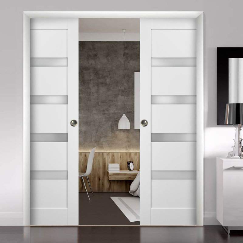 Portes blanches en verre givré Quadro avec trousse de quincaillerie d'installation, 36 po x 96 po