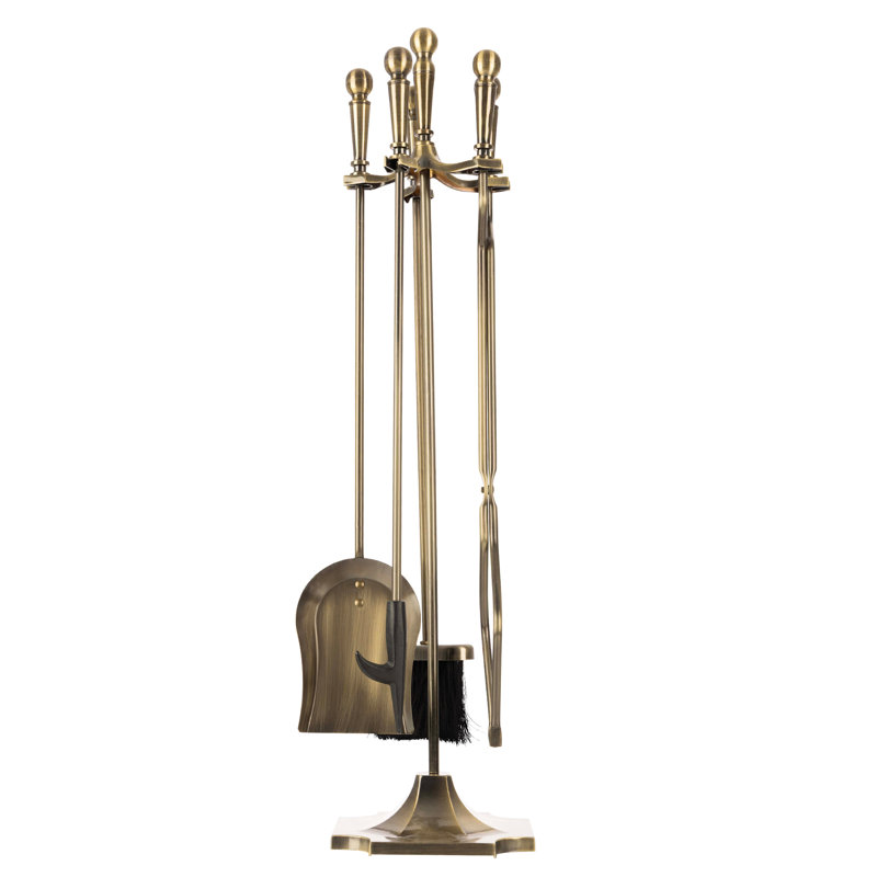 Ensemble 5 pièces d'outils de foyer intérieur / extérieur - Accessoires pour foyer avec tisonnier, pinces, brosse, pelle et support - Outils de foyer pour foyers, foyers et poêles à bois
