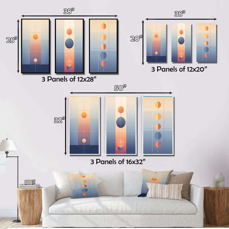«Moon Fases Circular Minimalisme Pastel I», 3 pièces sur toile, Cadre flottant noir, H 28 po x l 36 po