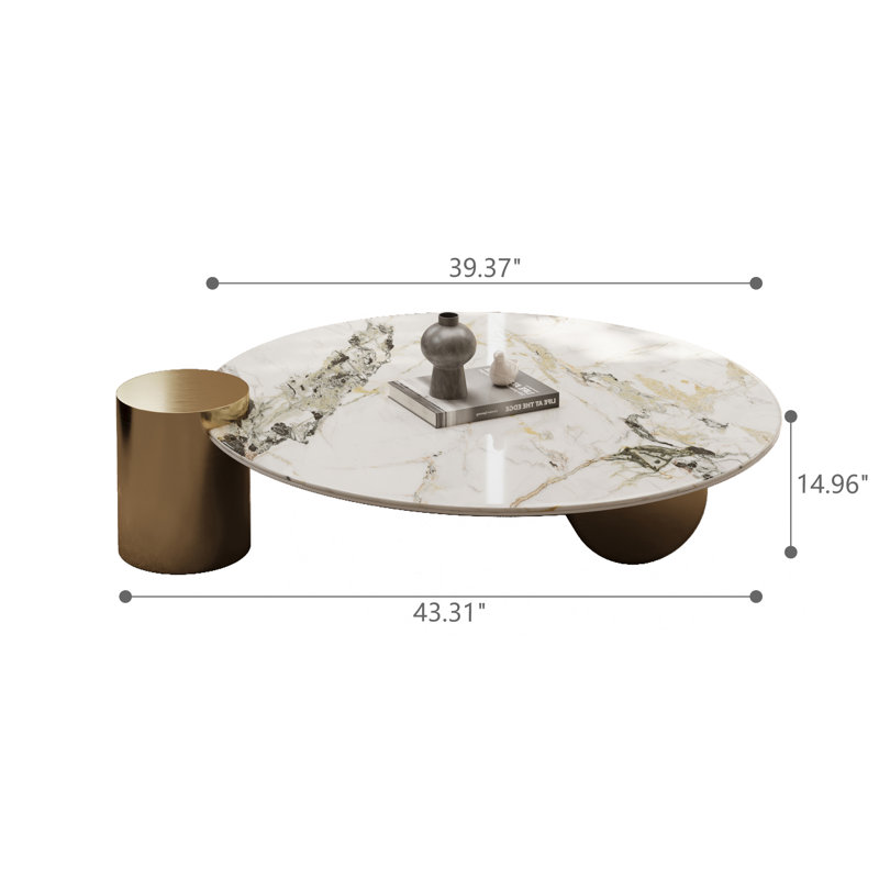39" Round Stone Coffee Table with Metal Cylinder Legs - Modern Luxury, Space-Saving Design