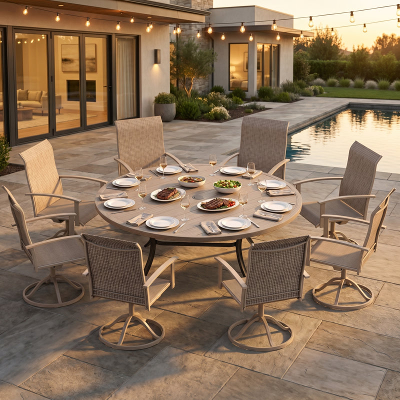 8-Person Patio Dining Set With Swivel Chairs, Gray Woodlike/Beige