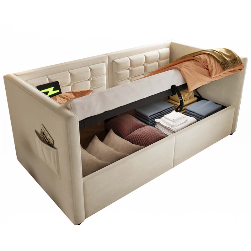 Upholstered Twin Size Daybed, Hydraulic Storage Twin Bed Frame With USB & Type-C Charging (Without Mattress), Beige