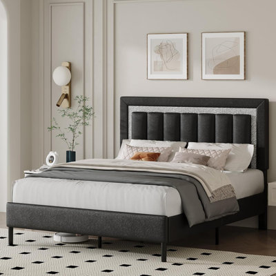 Faux Leather Upholstered Bed with Diamond Vertical Stripe Design