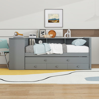 Daybed with Trundle, Storage Drawers, Side Shelves and Desk