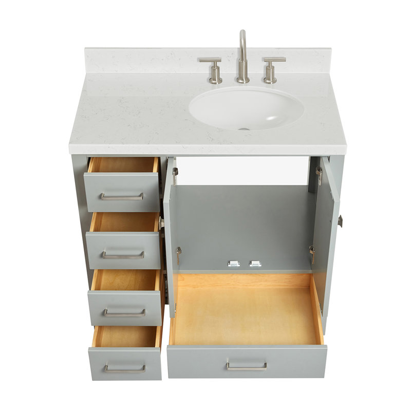 Cambridge 36.25'' Single Bathroom Vanity with Carrara Quartz Top, Gray