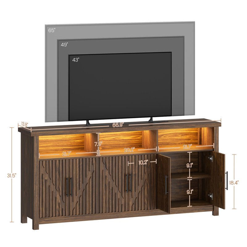 Buffet de 170 cm avec éclairage DEL et prises électriques, en noyer, avec 6 portes cannelées en forme de V et étagères réglables, pouvant servir de coin café ou de meuble TV.