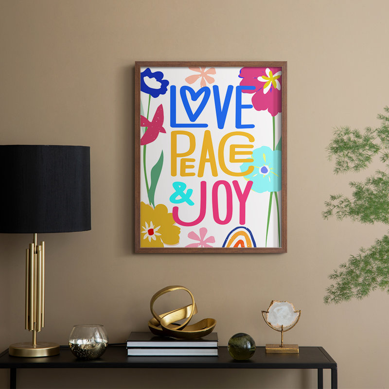 Pop Love Peace Joy, reproduction encadrée - bois massif, H 30 po x l 24 po, Noyer