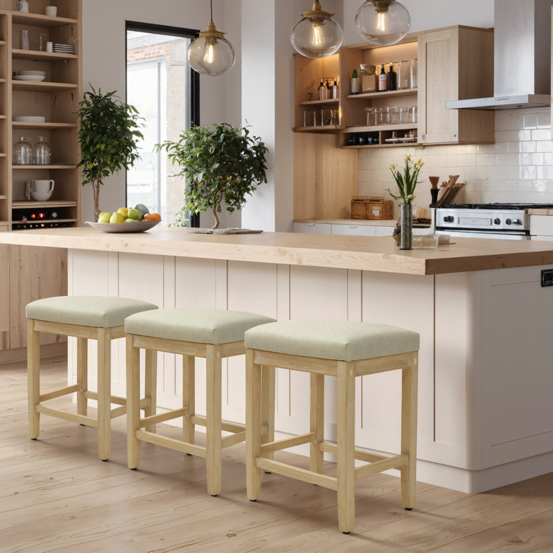 Cindina 24 Inch Upholstered Extra-Wide Cushion Wooden Kitchen Island Counter Height Barstools, Beige Seat/Brown Frame