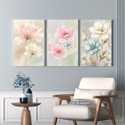 Ensemble de 3 toiles aquarelle florales tendues sur châssis, idéal pour la décoration du salon, de la chambre et de la maison.