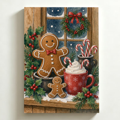 Tableau de Noël aquarelle « Pain d'épices et cacao », impression sur toile tendue sur châssis, 50 x 75 cm, rouge et marron, décoration murale chaleureuse pour le salon, la cuisine et l'entrée.