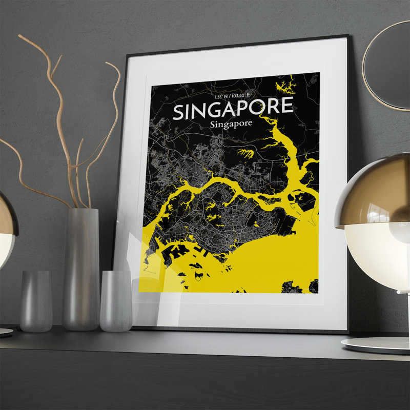 Carte de la ville de Singapour, impression, Noir/jaune, H 20 po x l 16 po