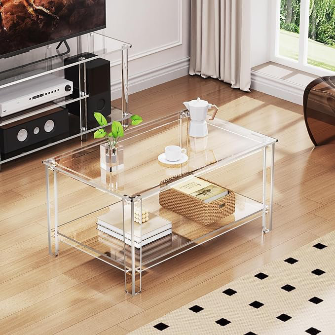 Coffee Table With Storage Shelf,Rectangle Living Room 2-Tier Center Table For Small Spaces (Rectangle, Nomal), Clear