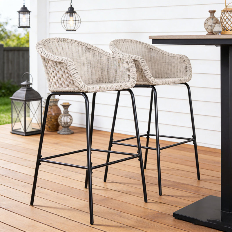 Tabouret de bar d'extérieur en osier de métal, Light Grey