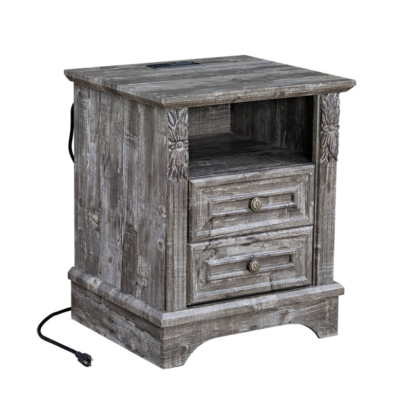 Rustic 20" Wood Nightstand With Charging Station – 2 Drawers, Carved Pilasters & Usb/ac Outlets For Bedroom/living Room