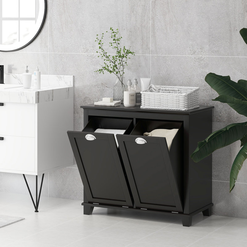 Dual Tilt Out Hamper Cabinet, Bathroom Storage. 2 Laundry For Washroom, Black. Modern Floor Cabinet With Spacious Towel Accommodation. Separate & Dark Item Build, Water-. Toppling Design.