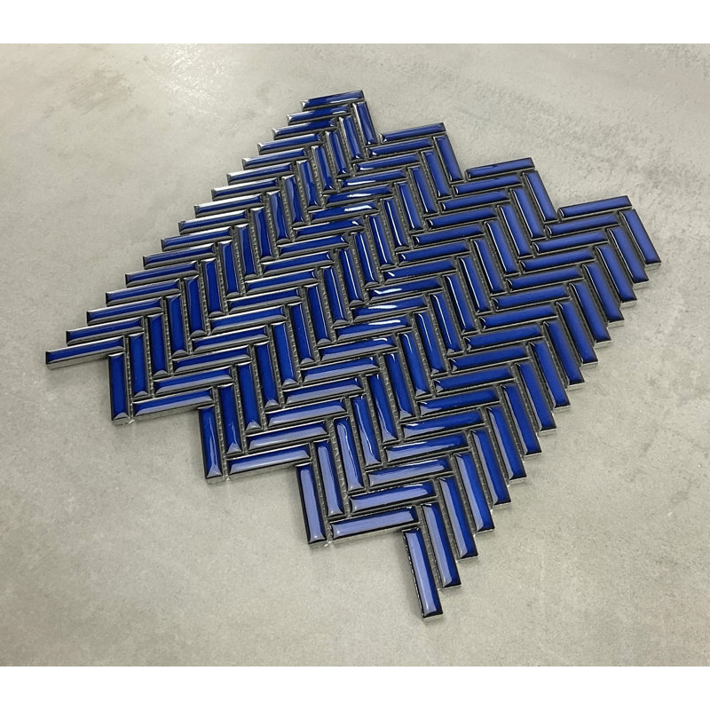 Herringbone Porcelian Glazed Glossy Mosaic Wall And Floor Tiles, Navy