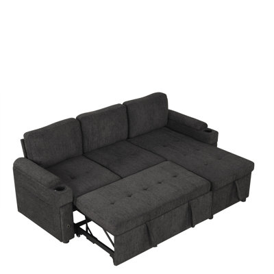 83.5" Lshaped Sofa Couch Convertible Sofa Bed Sectional Sofa With Ample Storage Space, Two Cup Holders And Two USB Ports For Living Room, Black