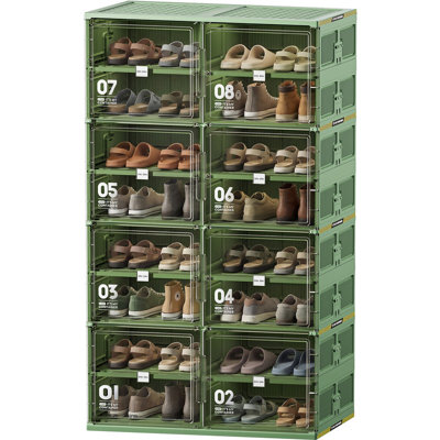  8-Tier Green Foldable Shoe Rack, Collapsible Shoe Storage Cabinet with Magnetic Doors, Stackable Entryway Organizer for Indoor & Outdoor Use, Holds Up to 32 Pairs