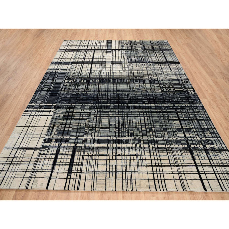Tapis oriental noué à la main 8 pi 2 po x 9 pi 9 po noir en laine Ghazni 5B6DDA09AF3D421D9070DEFD436D1214