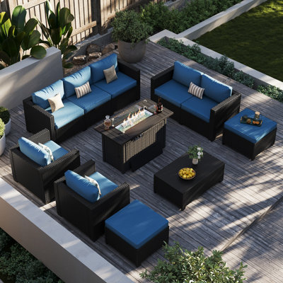 8-Piece Outdoor Wicker Sectional Sofa Set With Fire Pit Table, Ottomans & Storage Table, All-Weather Patio Conversation Set For Backyard, Garden & Poolside
