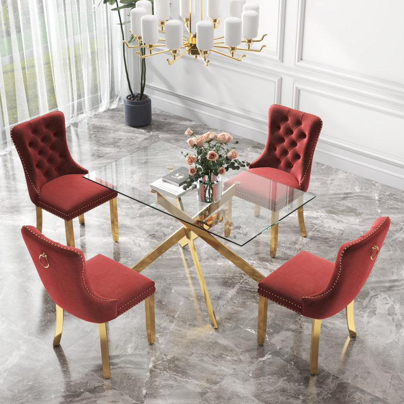 Ensemble de table de salle à manger rectangulaire en verre trempé, table de salle à manger de luxe avec chaise de salle à manger en velours capitonné