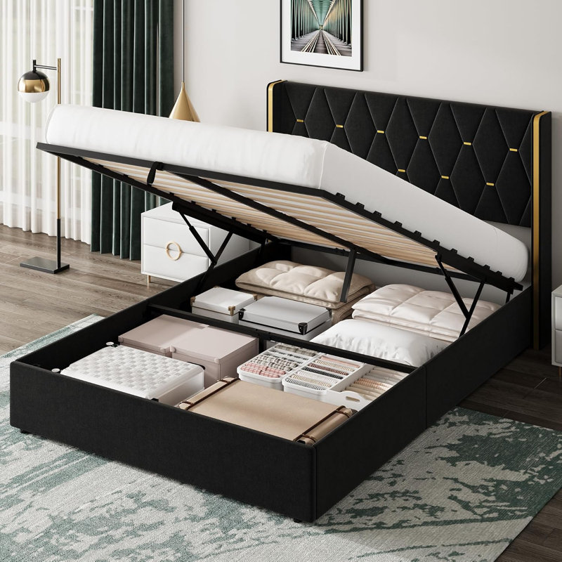 Full/Queen Size Lift-Up Storage Bed Frame, Upholstered with Diamond Tufted Wingback Headboard & Gold Trim, No Box Spring Needed