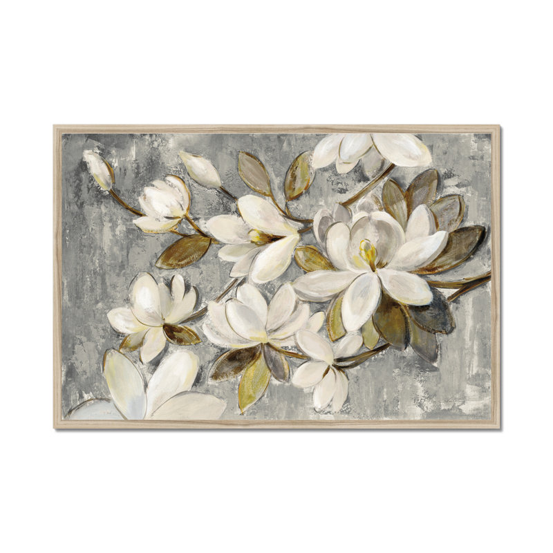 Magnolia Simplicity Neutral Grey by Silvia Vassileva - Painting, 65cm H x 95cm W, Natural Wood Framed Paper Print