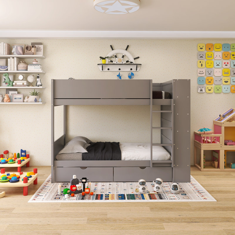 Lit superposé simple au-dessus de simple avec 2 tiroirs et tablettes multicouches, Gris, Simple sur simple