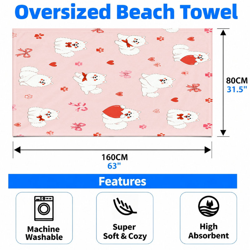 1Pcs Cute Pomeranian Dog Pattern Beach Towel, featuring adorable white dogs with red bows and hearts on a pink background. Large, soft microfiber for, pool, travel, camping, unisex.