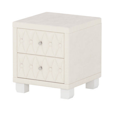 Elegant, Beige, Velvet Bedside Storage, 2 Drawers, Crystal Knob Handles, Button - Pattern, Structure Graceful, Style, Solid Construction