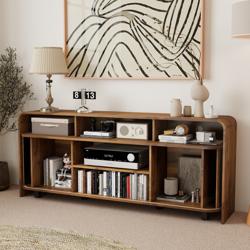 Meuble télé 63 po pour téléviseur de 70 à 70 po de 63 po, meuble télé Mid-Century moderne avec rangement, tablettes réglables et portes coulissantes